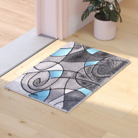 Flash Furniture ACD-RGTRZ860-23-BL-GG Jubilee Collection 2' x 3' Blue Abstract Pattern Area Rug - Olefin Rug with Jute Backing for Hallway, Entryway, or Bedroom